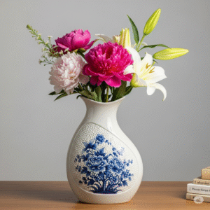 Bình hoa gốm sứ đẹp họa tiết hoa lá xanh vàng cắm hoa tulip vàng