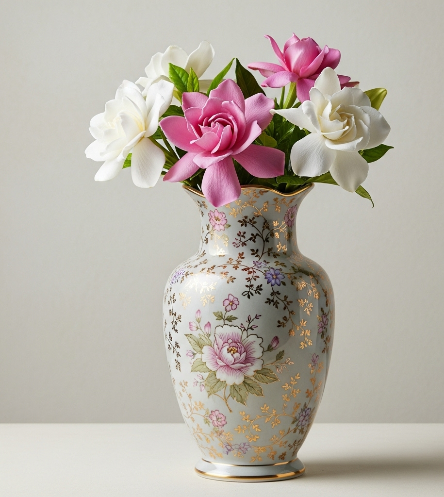 Bình hoa gốm sứ đẹp họa tiết hoa lá xanh vàng cắm hoa tulip vàng